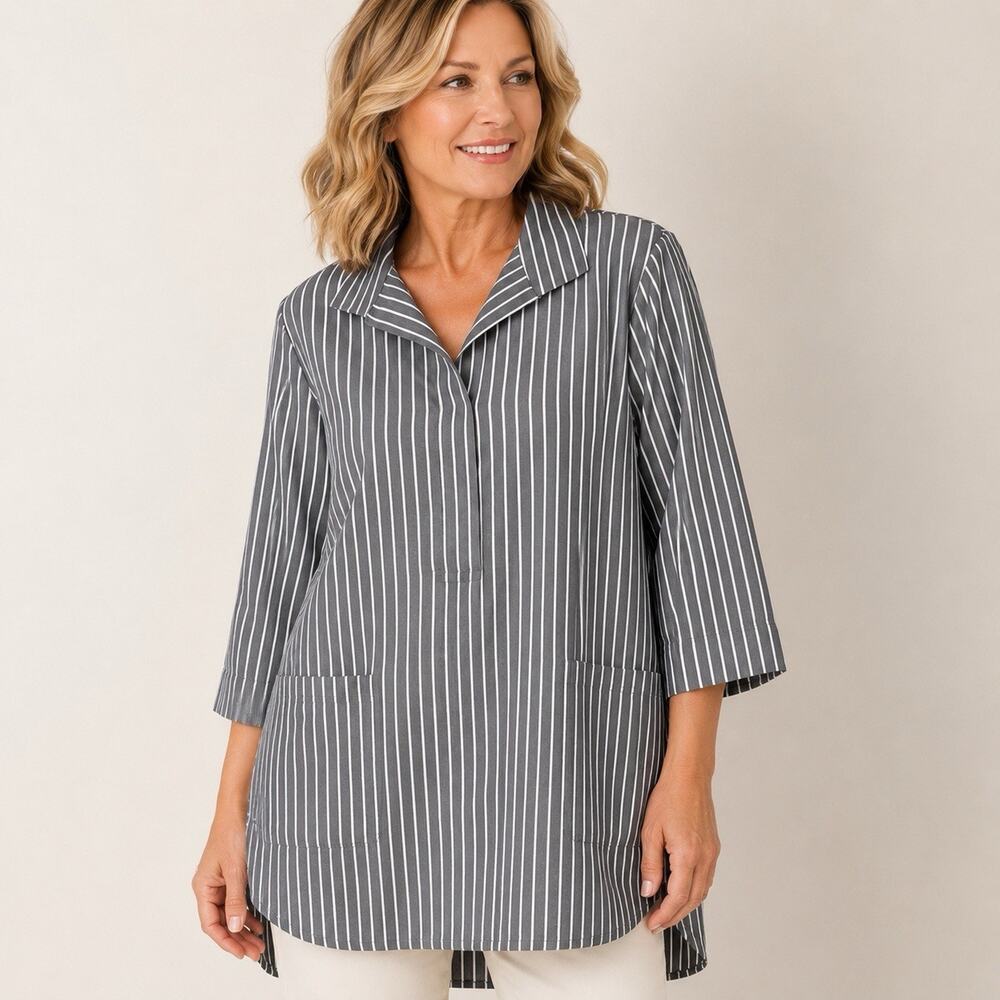 Comfy USA Striped Tunic Popover Size Medium Gray White Pockets Lagenlook